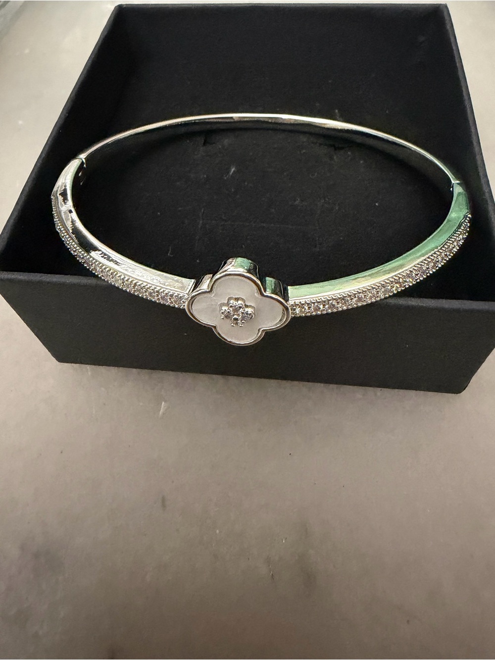 Silver Flower Accent Bangle Bracelet - White Enamel & Crystal
